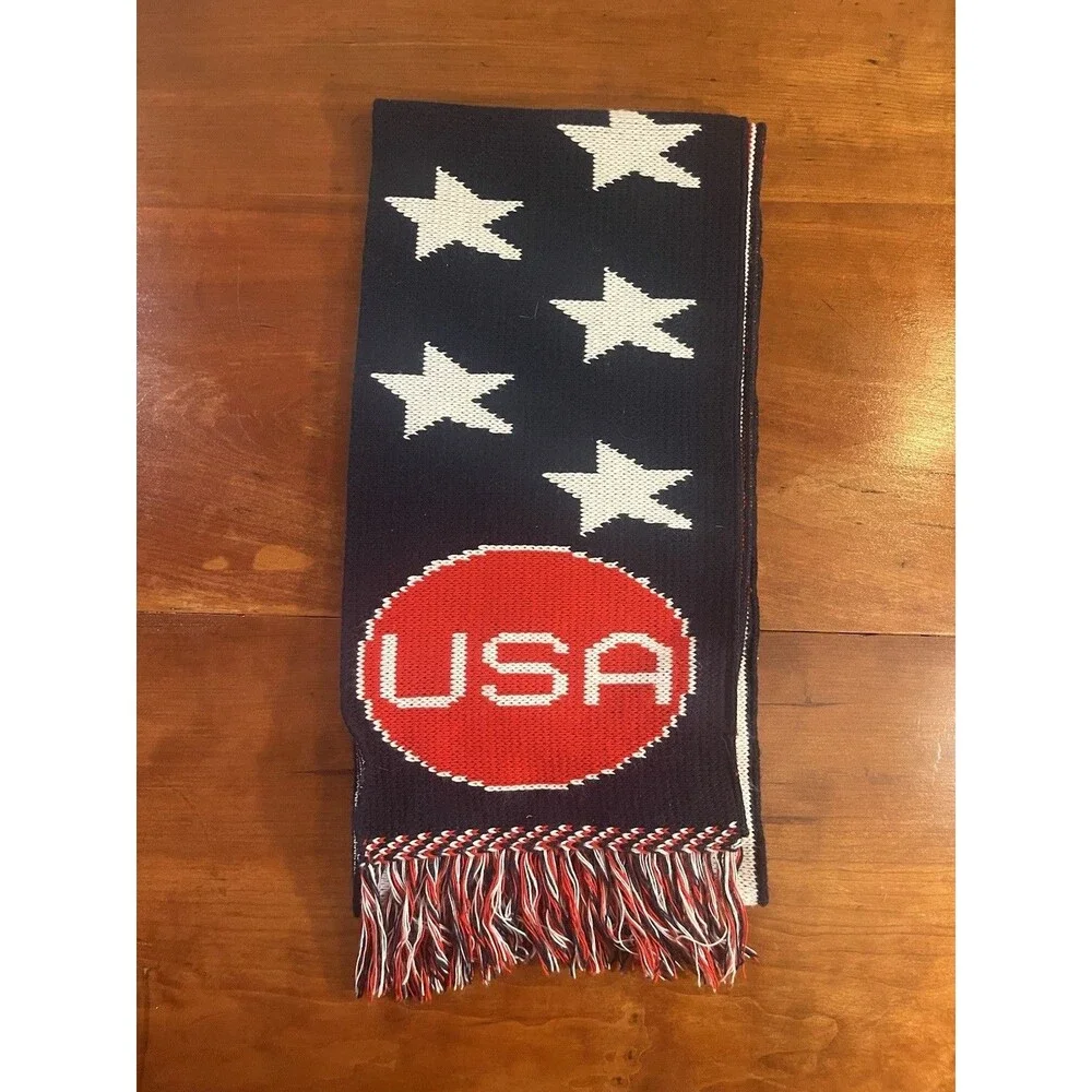 Knitmakers Stars & Stripes Knit Fringe Scarf Acrylic Red White Blue Men's